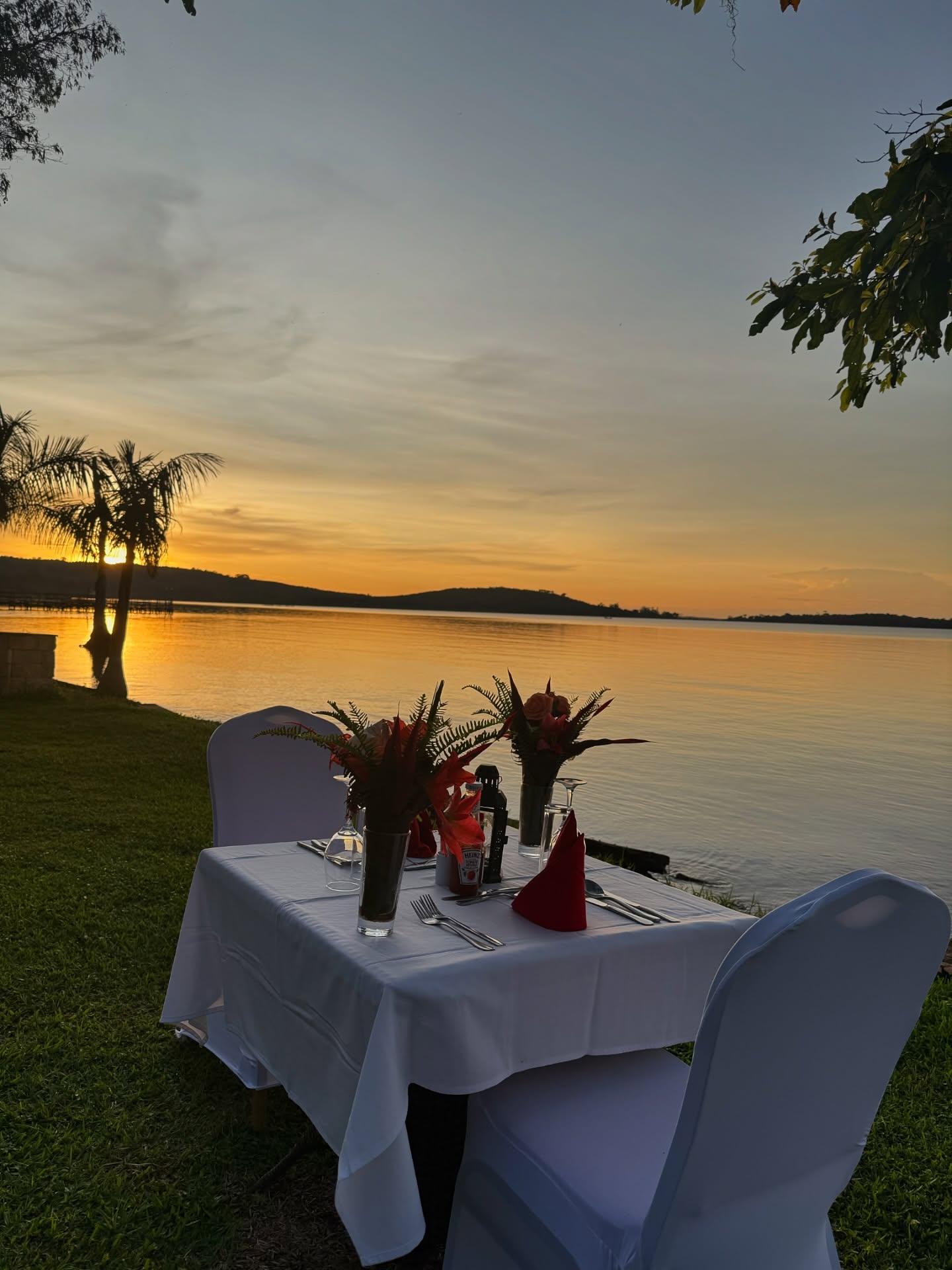 Private dinner by the lake at sunset