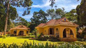Two yellow cottages with terracotta roofs and arched verandas sit on a bright green lawn framed by tall forest trees under a blue sky.