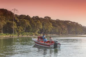 A red and white motorboat carrying several passengers moves across calm water in front of a densely forested shoreline in the evening light.