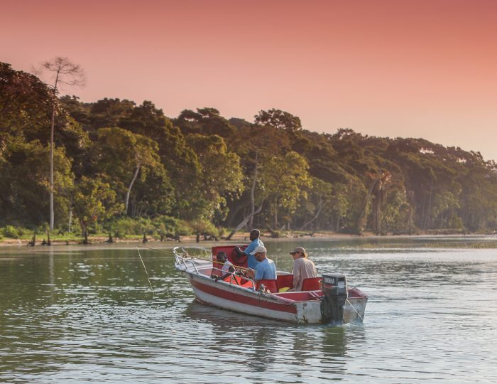 A red and white motorboat carrying several passengers moves across calm water in front of a densely forested shoreline in the evening light.