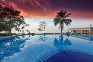 A swimming pool mirroring a palm tree and a vivid red and purple sunset sky above Lake Victoria.